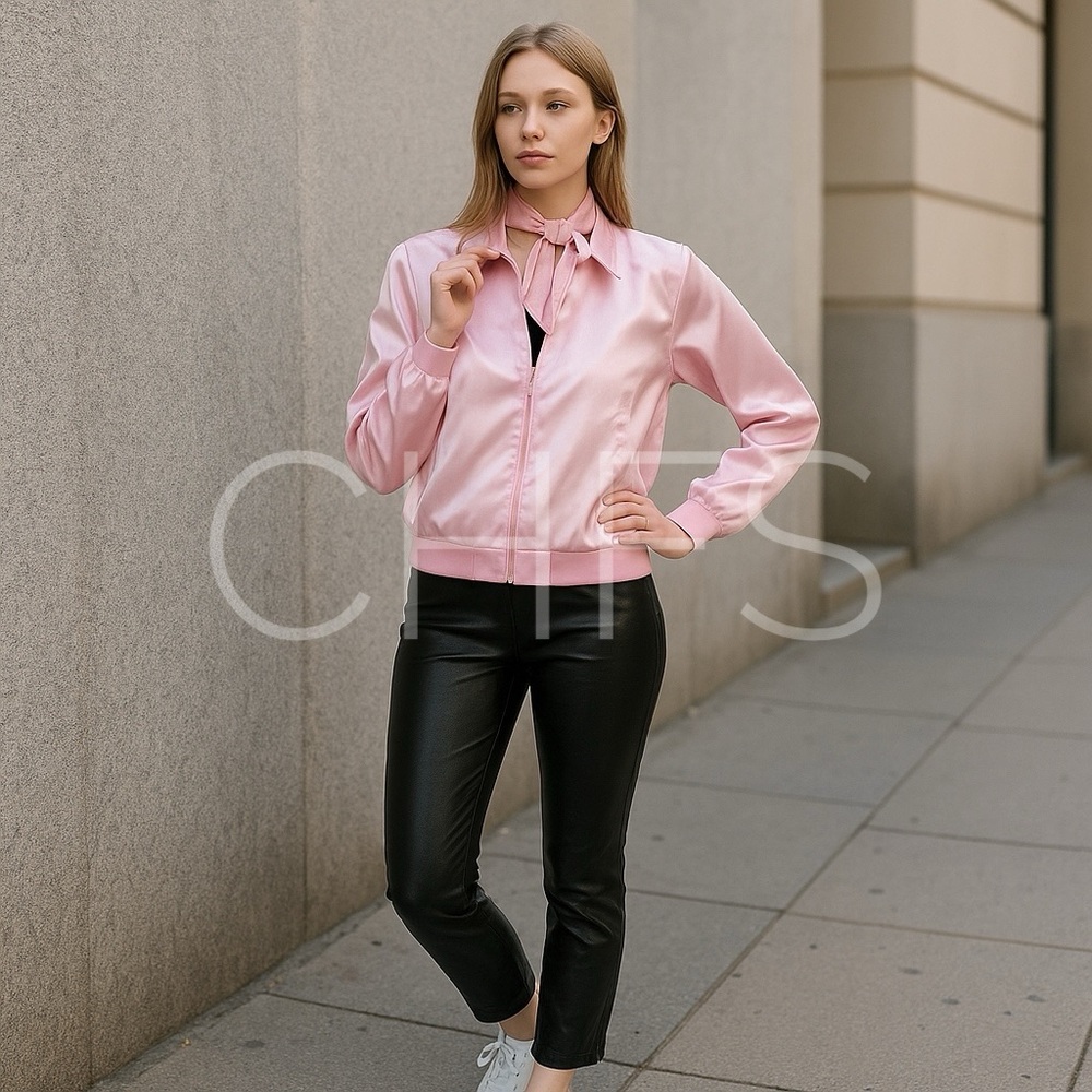 GREASE Musical Pink Ladies Costume Pink Satin Jacket with Scarf size Medium
